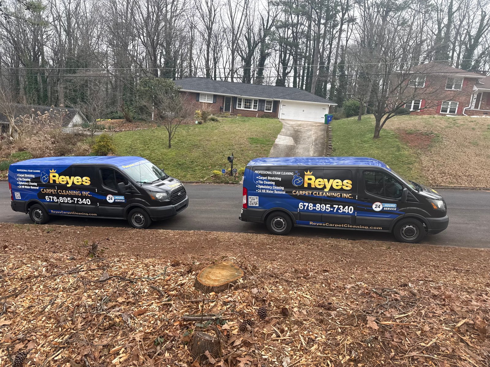 Two Reyes Carpet Cleaning vans parked in a suburban neighborhood